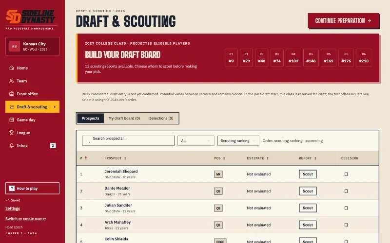 Sideline Dynasty Draft & scouting screen: prospect board with position, estimate and a button to order scouting reports, in Kansas City colors.