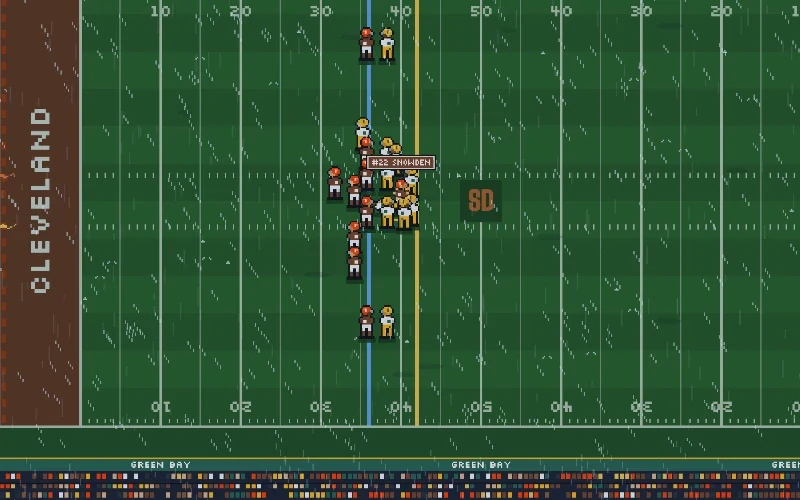 Game in the Sideline Dynasty retro stadium: Green Bay and Cleveland lined up in the rain, with the Cleveland end zone and the crowd.